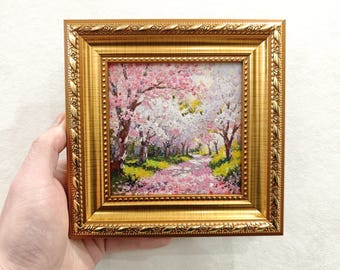 Hand-Painted Cherry Blossom Oil Painting, Small Framed Floral Canvas Art