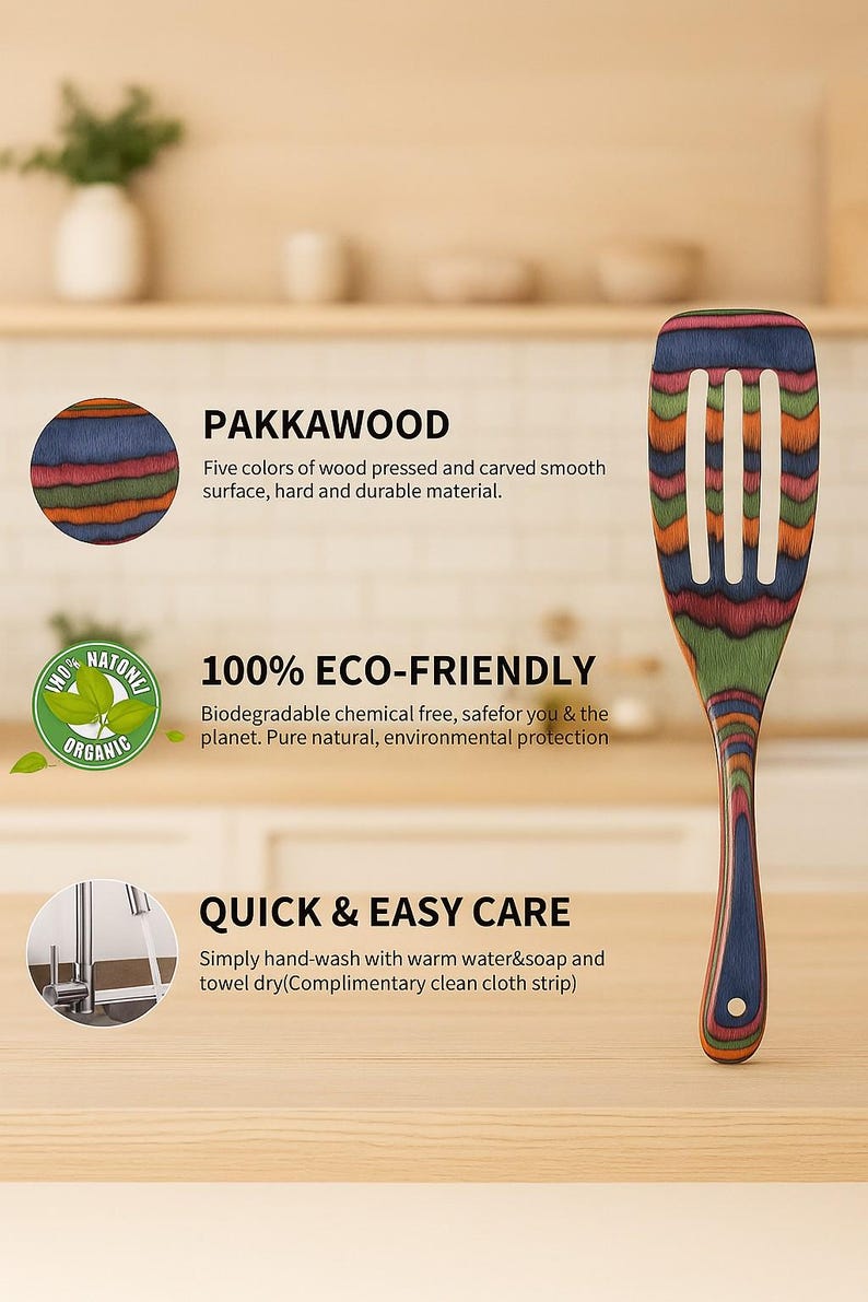 May include: A colorful wooden spatula with a slotted design. The spatula is made of Pakkawood, featuring five colors of wood. The image also includes text about the product's eco-friendly nature and easy care.