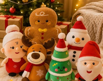 May include: A collection of plush Christmas characters, including a gingerbread man, snowman, reindeer, Santa Claus, and a Christmas tree. The characters are arranged on a fluffy white rug in front of a decorated Christmas tree and wrapped gifts.