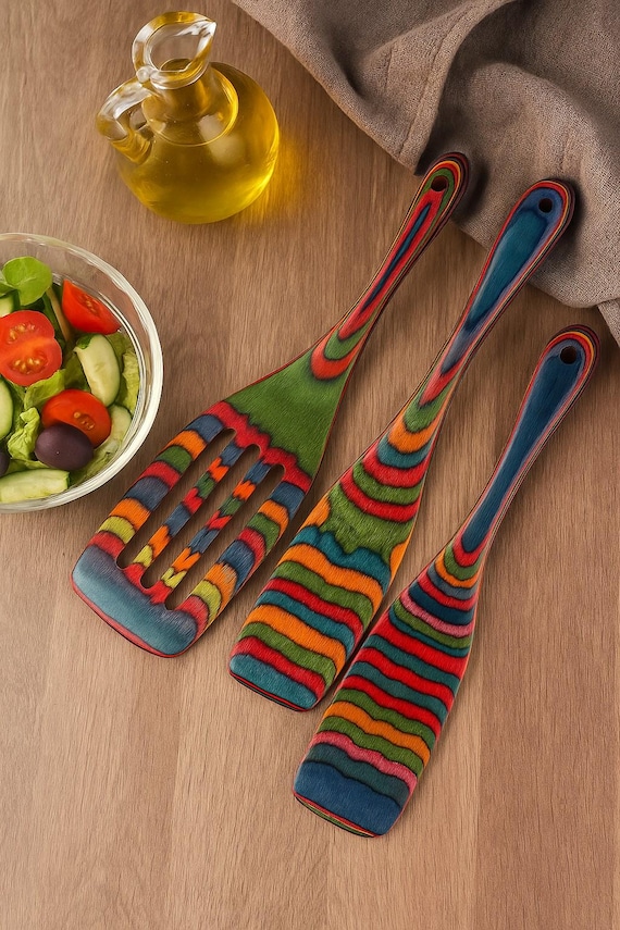 Set of 3 Pakkawood Kitchen Turners – Small, Large & Slotted Spatulas – Wooden Cooking Utensils