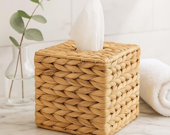 Natural Woven Rectangular Tissue Box Cover | Handcrafted Rattan Style Boho Japandi Home Decor for Bathroom, Bedroom, Living Room