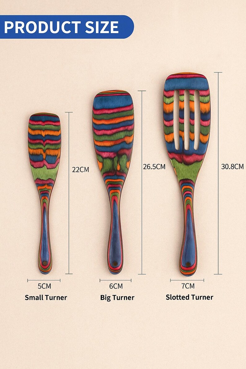 May include: Wooden kitchen utensil set with a colorful striped design. Includes a small turner (5cm), a big turner (6cm), and a slotted turner (7cm). The slotted turner is 30.8cm long.