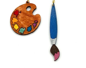 Paint pallet and brush dangle earrings