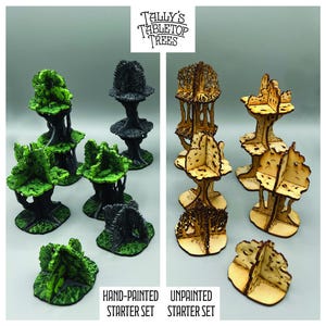 May include: Two sets of tabletop tree bases, one set is hand-painted in black and green, the other is unpainted wood. Both sets feature a variety of tree shapes and sizes. "Tally's Tabletop Trees" is written at the top of the image.