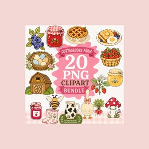 Cottagecore Farm Clipart Bundle, 20 PNGs, Gardening, Goose, Bee, Honey Jar, Fairy Door, Strawberry Pie,  Digital Download