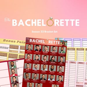 May include: A pink and white Bachelorette Season 22 Bracket Set. The image shows a bracket sheet with contestant photos and a bonus points sheet. The Bachelorette logo and a ring graphic are at the top of the image.