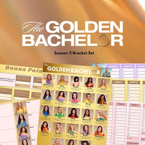 May include: A bracket set for "The Golden Bachelor" Season 2, featuring a gold and white logo. The set includes a card list with contestant photos and spaces for scoring. Additional sheets offer bonus points and weekly predictions.