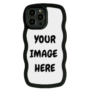 May include: Black phone case with a wavy edge design. The case has a white center with the words "YOUR IMAGE HERE" in black, bold font. The top of the case has three camera lenses.
