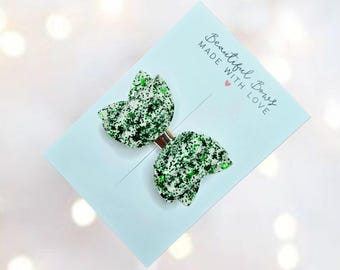 St Patrick's Day Glitter Bow | Four Leaf Clover Hair Clip, Baby Headband