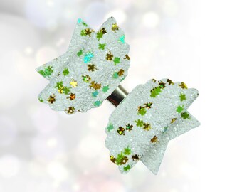 St. Patrick's Day Clover Bow | White Glitter Hair Clip, Baby Headband