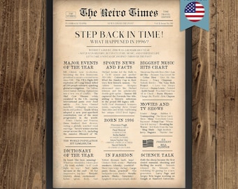 30th Birthday Newspaper Poster | 1996 Year in Review, Fun Facts (Digital Download)