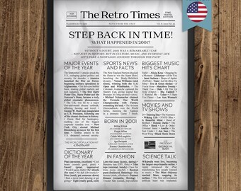 25th Birthday Newspaper Poster, 2001 Trivia, Back in 2001, Vintage Style (Digital Download)