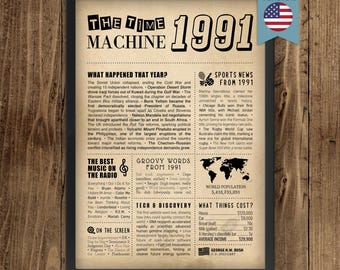 35th Birthday Newspaper Poster | Year in Review Gift | Back in 1991 Fun Facts & Trivia