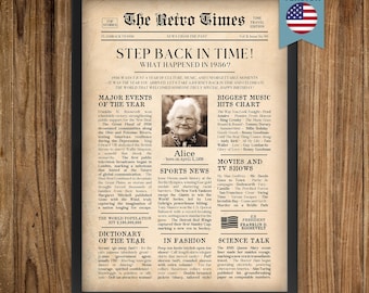 90th Birthday Newspaper Personalized Poster | Year in Review Gift | Back in 1936 Fun Facts & Trivia