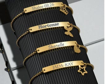 Grawerowana bransoletka ze złota 18K, spersonalizowana bransoletka suwakowa, prezent dla niej, spersonalizowana bransoletka z imieniem i datą, prezent dla kobiet, spersonalizowana bransoletka z zawieszkami