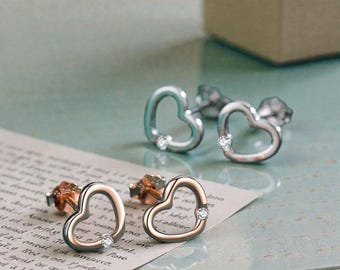 Sterling Silver Heart Stud Earrings  Dainty CZ Minimalist Jewelry  Tiny Stud Earring  Gift For Women Girls