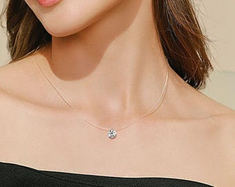 Moissanite Floating Necklace D Color VVS1, 925 Sterling Silver Pendant Necklace, 0.5-5CT Moissanite Necklace, Wedding Jewelry, Gift for Her