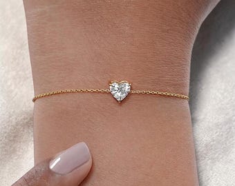 Heart Moissanite Bracelet, Dainty Gold Bracelet for Women, VVS1 D Color Diamond, 925 Silver, Wedding Gift for Her, Minimalist Jewelry