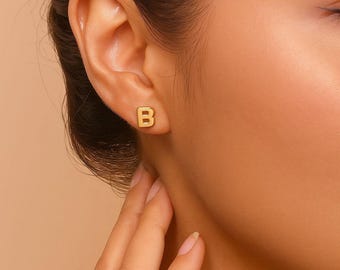 Gold Plated Initial Stud Earrings: Mini Bubble Letter, Personalized Gift