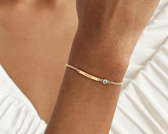 Engraved Bracelet Bar Birthstone 18 K Gold Plated Custom name Bracelet Stainless Steel Adjustable Dainty Bar Jewelry Gift for Women & Men