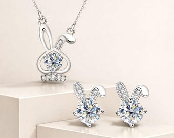 Moissanite Solitaire ∙ Jewelry Set ∙ 925 Sterling Silver ∙ Rabbit Cut ∙ Necklace ∙ Stud Earrings ∙ D Color ∙ VVS1 ∙ Women ∙ Wedding ∙ Gift