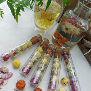 Pode incluir: Imagem de chá floral em tubos e recipientes de vidro. O chá está em várias formas, incluindo botões de flores soltos e bolas de chá em flor. Uma chávena de chá e um frasco de vidro cheio de água e flores também são visíveis.