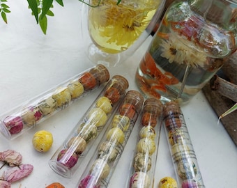Boules de fleurs à infuser – Coffret tube 6 variétés naturelles | Infusion florale magique, cadeau bien-être, détente & nature