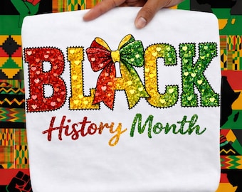 Camisa con purpurina para el Mes de la Historia Negra (PNG), diseño de lazo coqueto de la Historia Negra, PNG afroamericano, regalos de la Historia Negra con diamantes de imitación.
