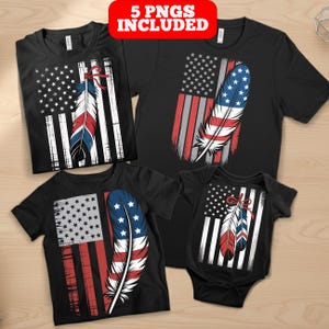 Pode incluir: T-shirts pretas e um body com um desenho da bandeira americana e uma pena em vermelho, branco e azul. O texto "5 PNGS INCLUDED" está num retângulo vermelho no topo. As camisas são de manga curta.