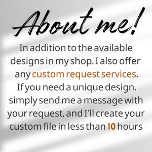 Puede incluir: Fondo blanco con el texto "About me!" en estilo manuscrito. El texto de abajo ofrece servicios de dise&ntilde;o personalizados, con archivos personalizados creados en menos de 10 horas. El texto es negro y naranja.