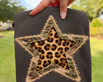 Leopard Print Star PNG Preppy Digital Design Baseball Softball Mama Leopard Cheetah Star PNG Rag Quilt, faux patchwork shirt gifts for girls