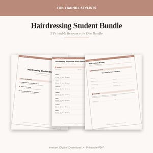 Op de afbeelding: Een kappersstudentenbundel met drie printbare bronnen. De documenten bevatten een studieplanner voor leerling-kappers, een NVQ-portfoliobouwer en een lijst met kapperstermen. De pagina's hebben een witte achtergrond met gedempte bruine accenten en koppen.