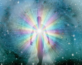 May include: A silhouette of a person radiating with a vibrant, multicolored light. The figure is centered, with a bright, white light emanating from the chest area. The background features a starry, nebula-like design.
