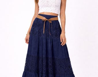 Boho Maxi Skirt Women Crochet Lace Skirt | Summer Beach Holiday Long Skirt | Elastic Waist Tiered Bohemian Skirt UK