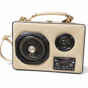 Bolso con forma de caja de radio ventilada | Bolso con altavoz Bluetooth | Monedero con música incorporada | Bolso único y llamativo Beis