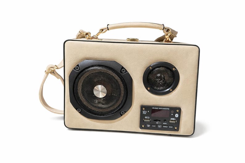 Bolso con forma de caja de radio ventilada | Bolso con altavoz Bluetooth | Monedero con música incorporada | Bolso único y llamativo Beis