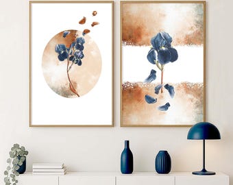Blue Floral Wall Art Set of 2, Beige and Navy Wall Decor, Minimalist Home Decor, Boho Living Room Art (Digital Download)