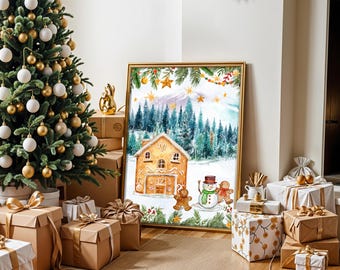 Christmas Gingerbread House Wall Art • Holiday Watercolor Print • Snowman & Gingerbread Decor • Winter Nursery Printable