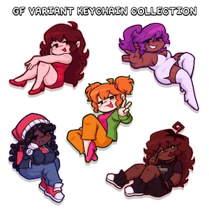 Può includere: Una collezione di cinque portachiavi a cartoni animati con personaggi diversi. Ogni personaggio è raffigurato in una posa e un abbigliamento unici, con una varietà di tonalità della pelle e colori di capelli. Il testo "GF VARIANT KEYCHAIN COLLECTION" è in alto.