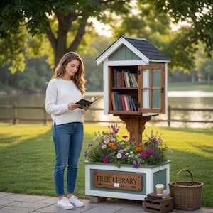 Könnte beinhalten: Eine hölzerne öffentliche Bücherbox mit grün-weißer Fassade, Giebeldach, verglaster Tür und mit Büchern gefüllten Regalen. Ein Blumenkasten an der Basis enthält bunte Blumen und ein Schild trägt die Aufschrift FREE LIBRARY.