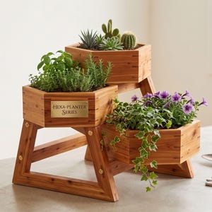 May include: A three-tiered wooden planter stand with a hexagonal design. The structure features natural wood grain and a brass plaque reading Hexa-Planter Series. It holds various green plants, cacti, and purple flowers in its three separate sections.