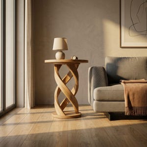Puede incluir: Una mesa auxiliar redonda de madera con una base formada por dos patas entrelazadas y retorcidas. La mesa tiene un acabado de madera clara y lisa con una superficie circular. Una pequeña lámpara de color beige y un reloj están sobre la mesa.