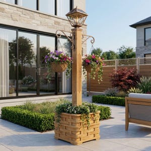 Cedar String Light Post Planter Plans | DIY Woodworking Planter Box PDF | Hanging Basket & Solar Lamp Post Plan