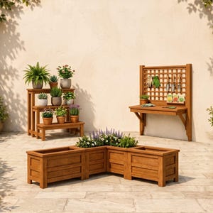 May include: A wooden garden set consisting of a three-tiered plant stand, a wall-mounted potting bench with a lattice back panel, and an L-shaped corner planter box. The furniture features a natural wood finish and holds various potted plants.