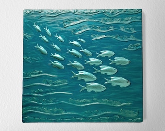 Escultura de pared con bancos de peces, decoración costera para el hogar, arte náutico para la pared, decoración moderna para casas de playa.