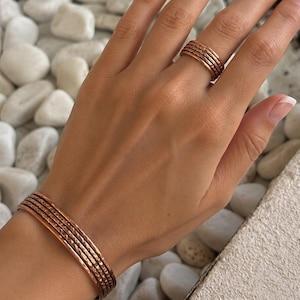 Handmade Textured Copper Ring and Cuff Bracelet Set, Unisex Artisan Jewelry
