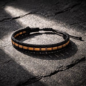 Minimalist Men's Hematite Bar Bracelet with Bronze Accents - Adjustable Modern Masculine Jewelry