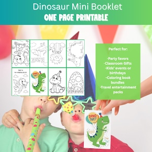 Op de afbeelding: Een "Dinosaur Mini Booklet" met de tekst "ONE PAGE PRINTABLE". Het boekje bevat kleurplaten met dinosaurusthema. Een groene rechthoek vermeldt "Party favors", "Classroom Gifts", "Kids' events or birthdays", "Coloring book bundles" en "Travel entertainment packs".