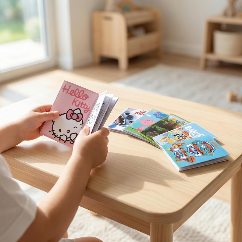 May include: A child holding a pink Hello Kitty coloring book, with other colorful children's books on a light wood table. The books feature characters from popular children's shows.