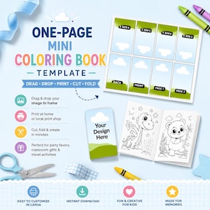 Peut inclure: Modèle de mini-livre de coloriage d'une page avec le texte "ONE-PAGE MINI COLORING BOOK - TEMPLATE". L'image montre un livre de coloriage fini avec une illustration de dinosaure et d'ours, ainsi que des crayons, des ciseaux et un motif de nuage.